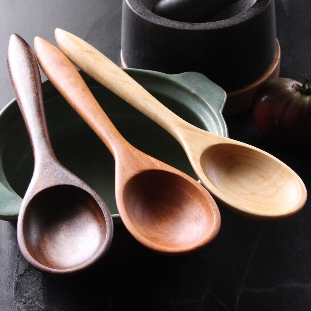 Handmade heirloom quality wooden stirring and mixing spoon hand-carved from Cherry wood, Maple wood, and Walnut wood