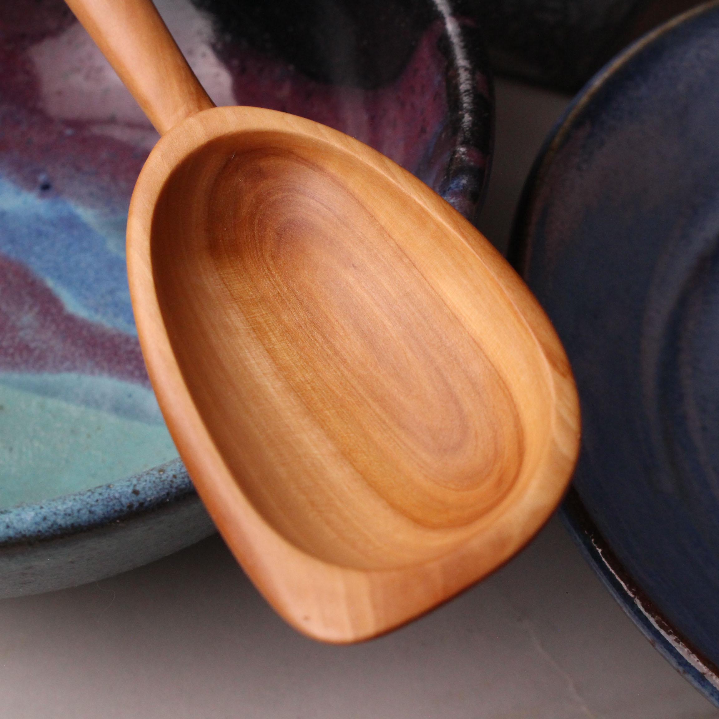 Handmade treenware wooden stirring spoon carved from salvaged Apple wood with a spatula end - Image 2