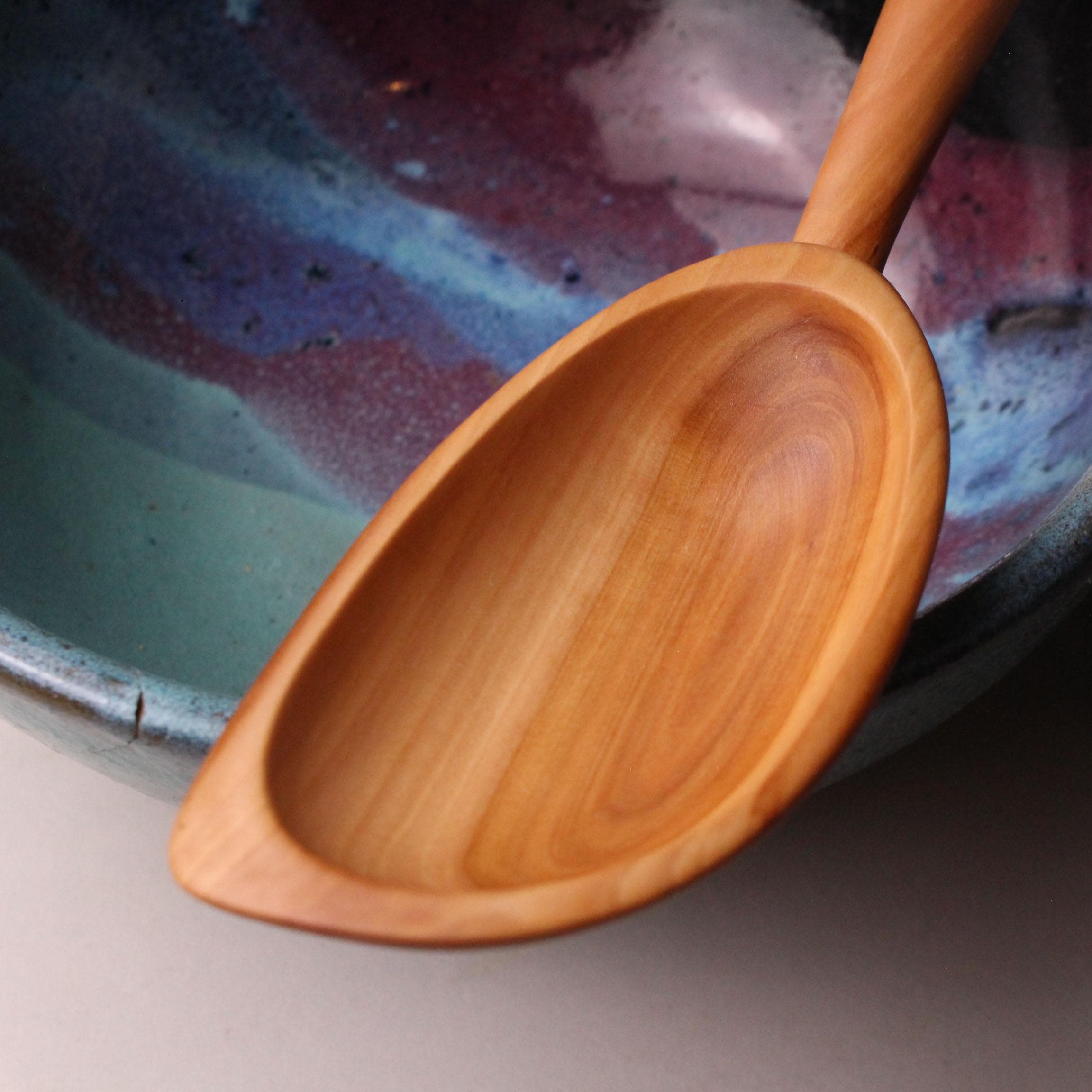 Handmade treenware wooden stirring spoon carved from salvaged Apple wood with a spatula end - Image 3